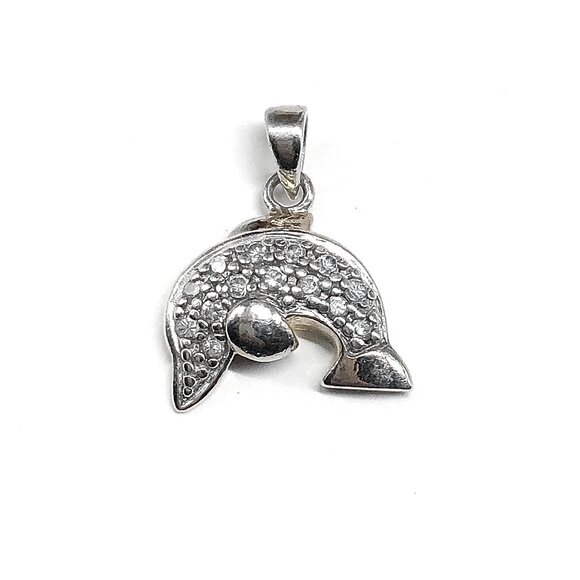 Sterling Silver Pendant Womens Elegant CZ Stone Playfull Dolphin Pendant - Picture 1 of 8